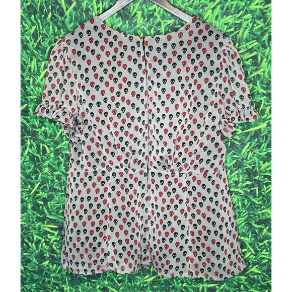 Tripp NYC Daang Goodman Skull Bones Gray Black Red Gothic Punk Blouse Top Large - Picture 2 of 4